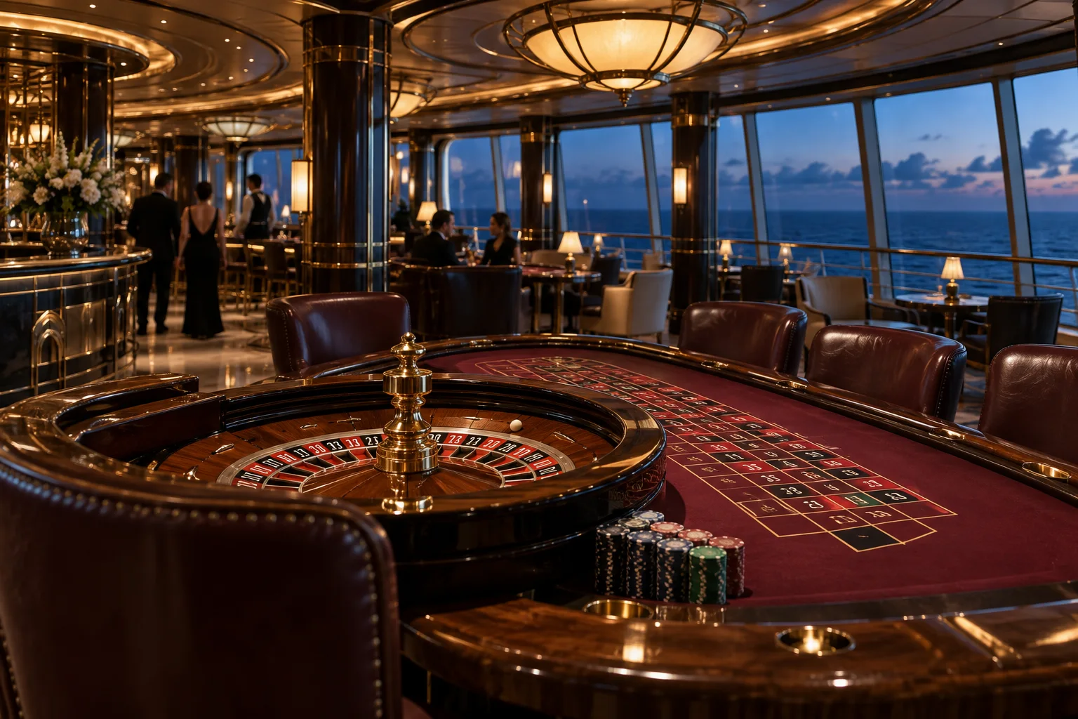 A burgundy roulette table in an elegant shipboard casino with twilight sea views