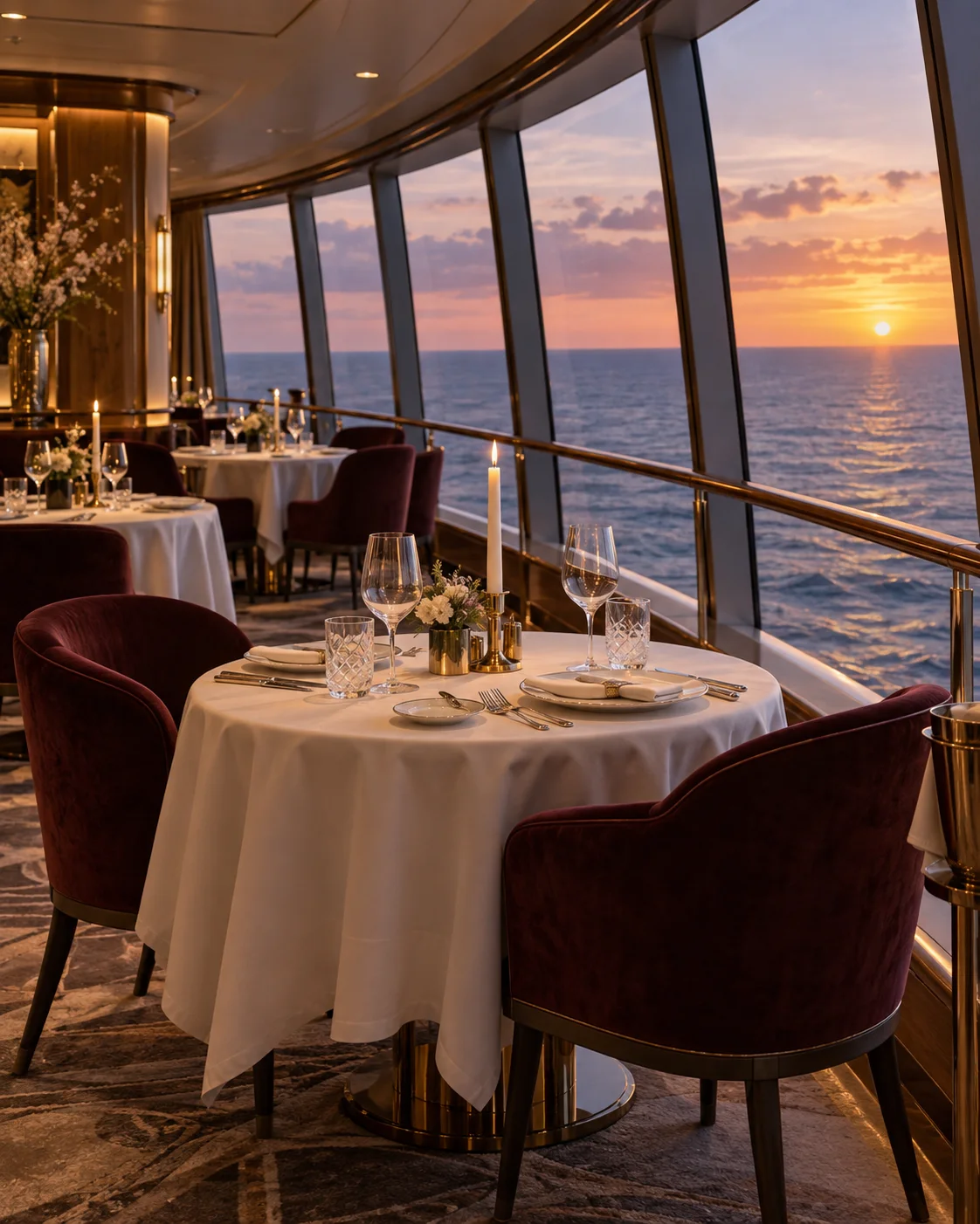 A candlelit restaurant table beside panoramic windows at sunset