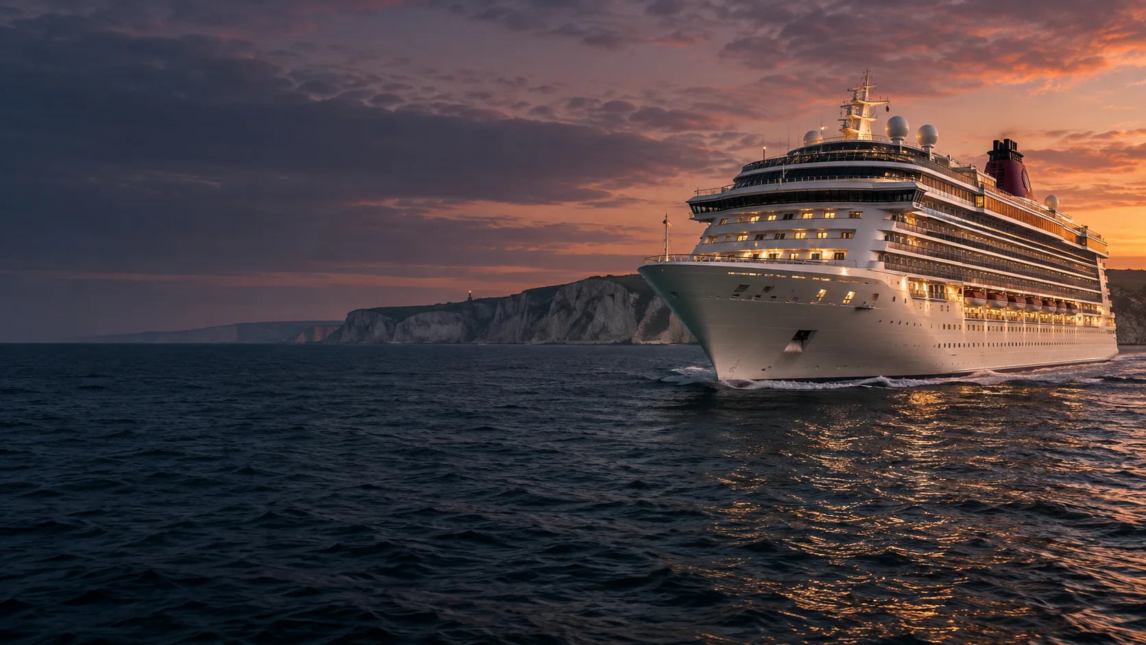 The lights of an ocean liner reflected on calm evening water