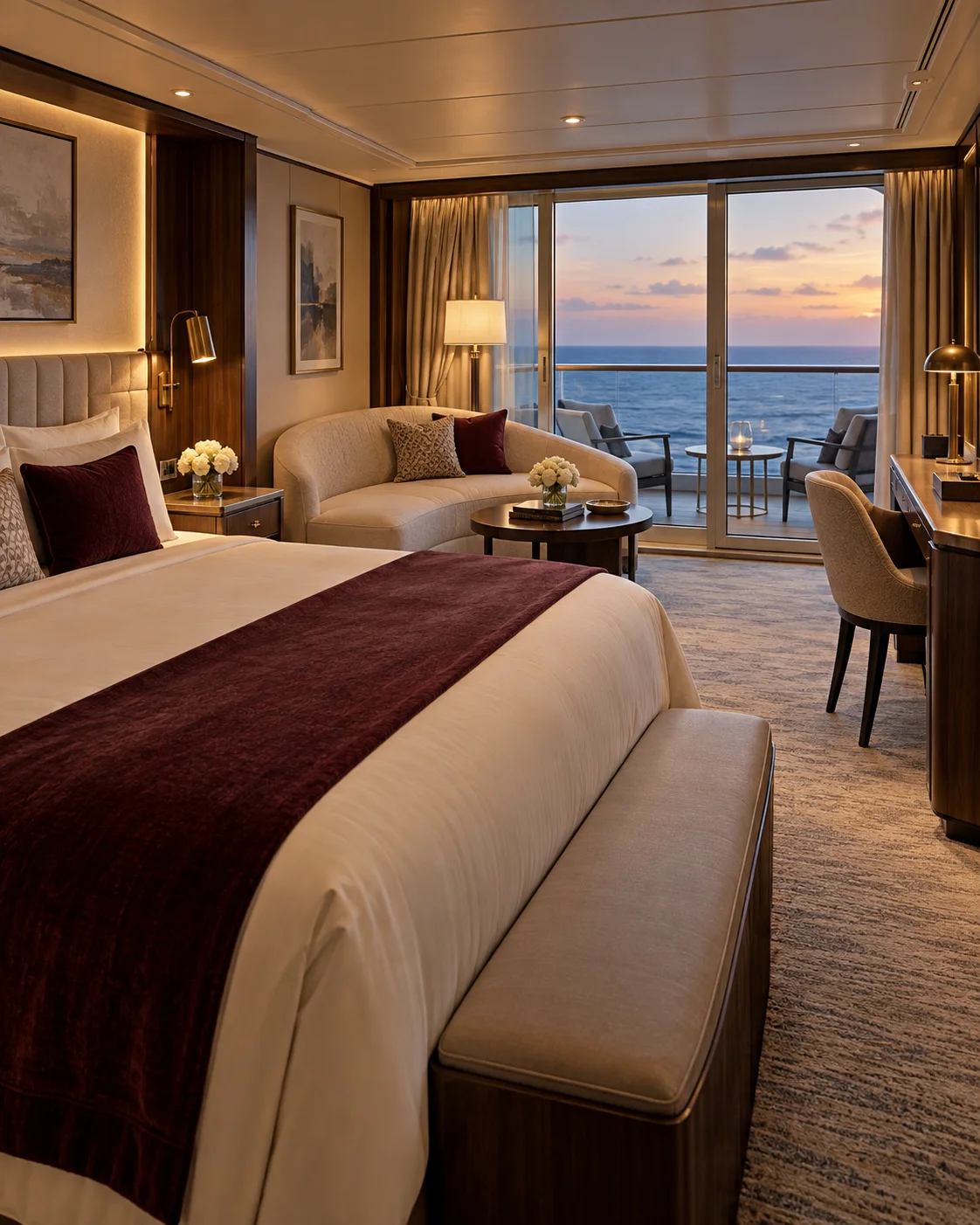 An ivory and burgundy ocean-view suite opening onto a private balcony