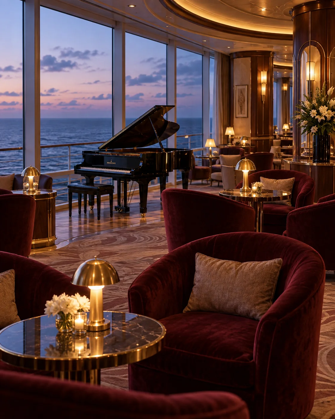 A grand piano and burgundy armchairs in a warmly lit lounge overlooking the evening sea