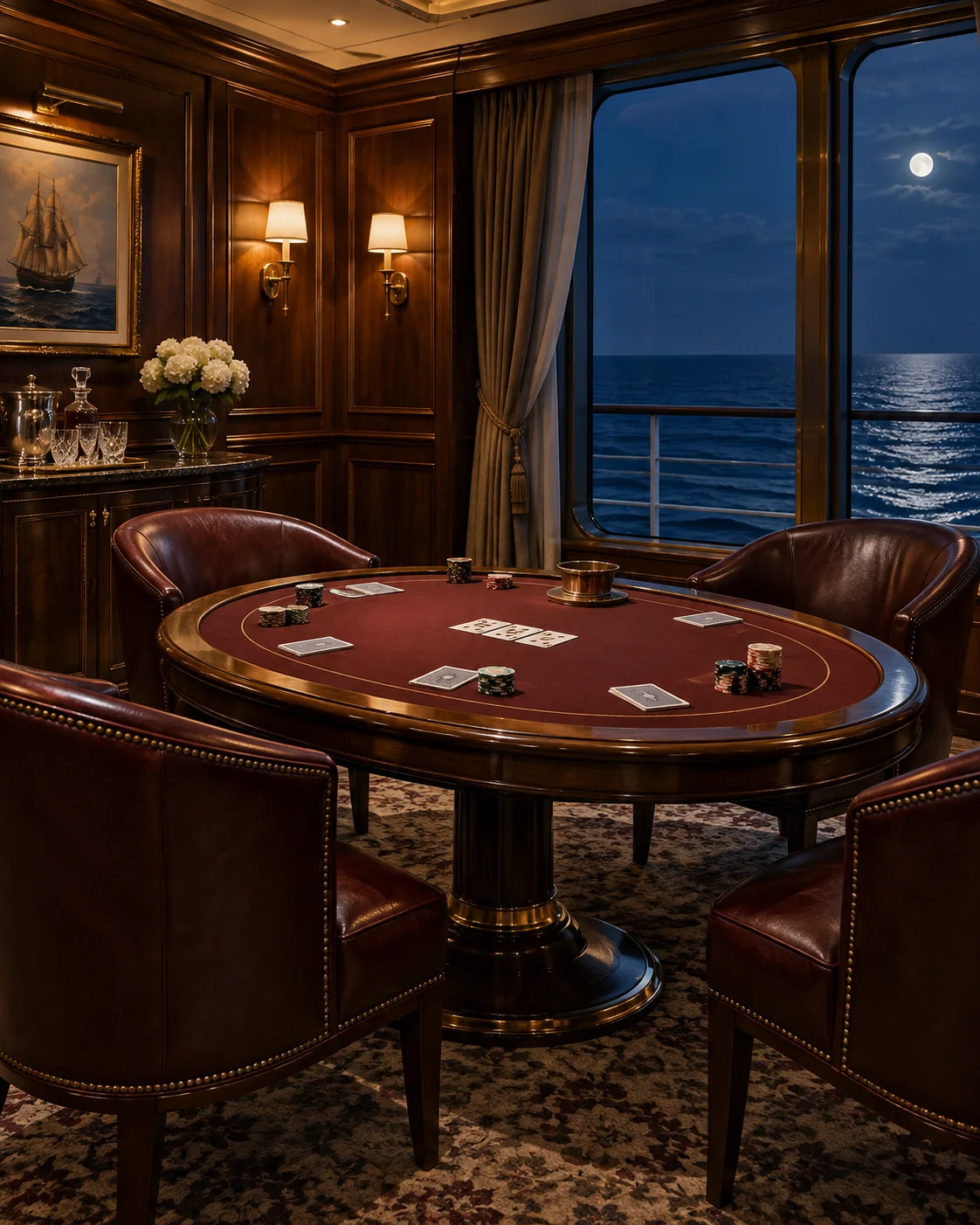 A secluded walnut-panelled card salon with leather chairs and a moonlit ocean view
